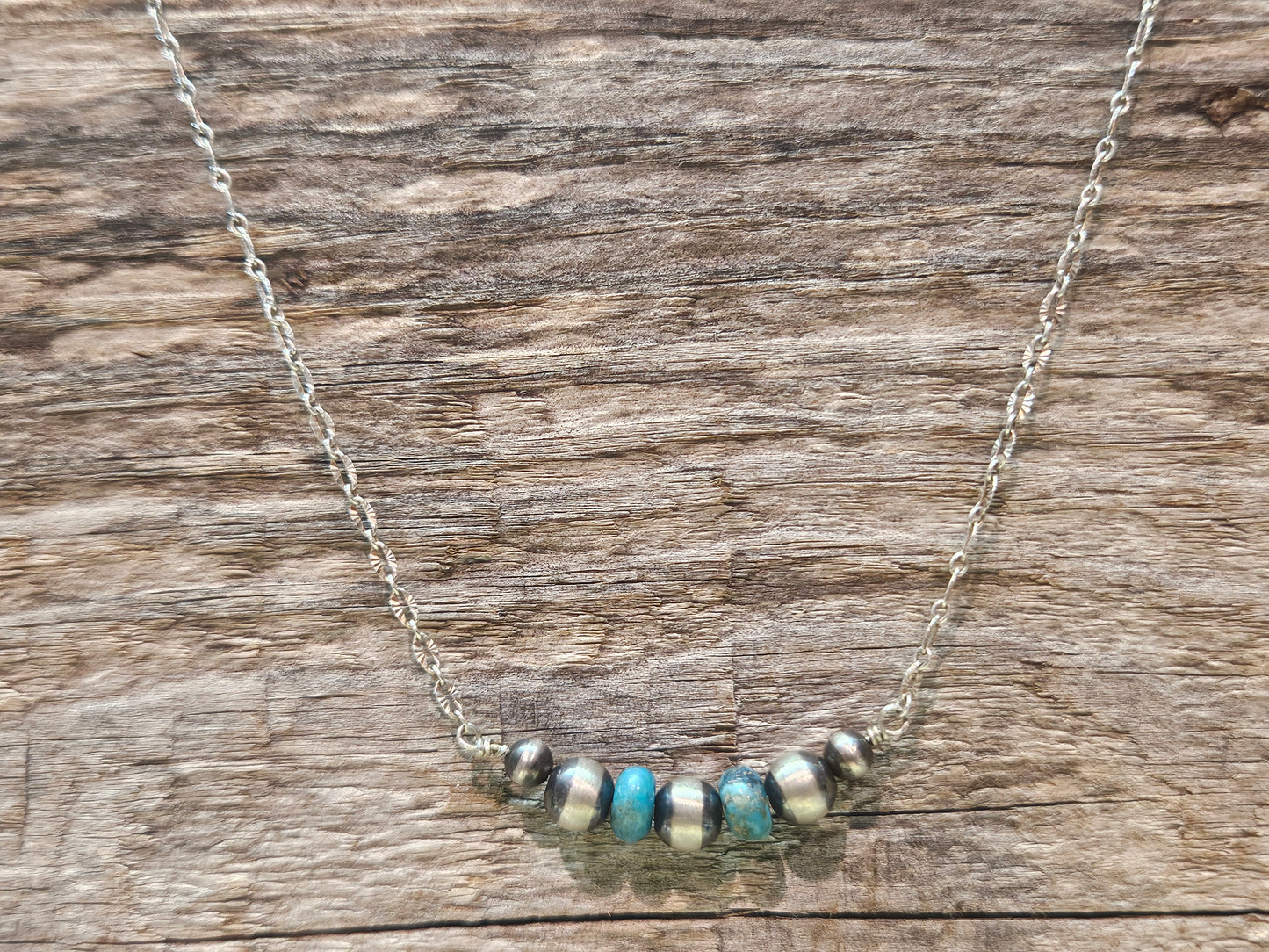 Kingman Rondelles and Sterling Silver Beaded Necklace