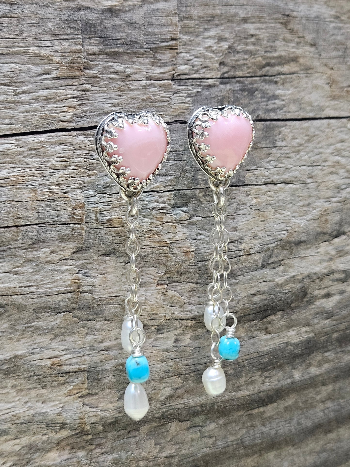 Pink Conch Heart Kingman Turquoise & Freshwater Pearl Earrings