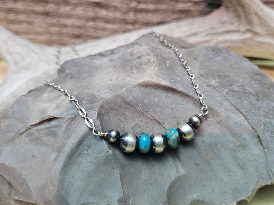 Kingman Rondelles and Sterling Silver Beaded Necklace