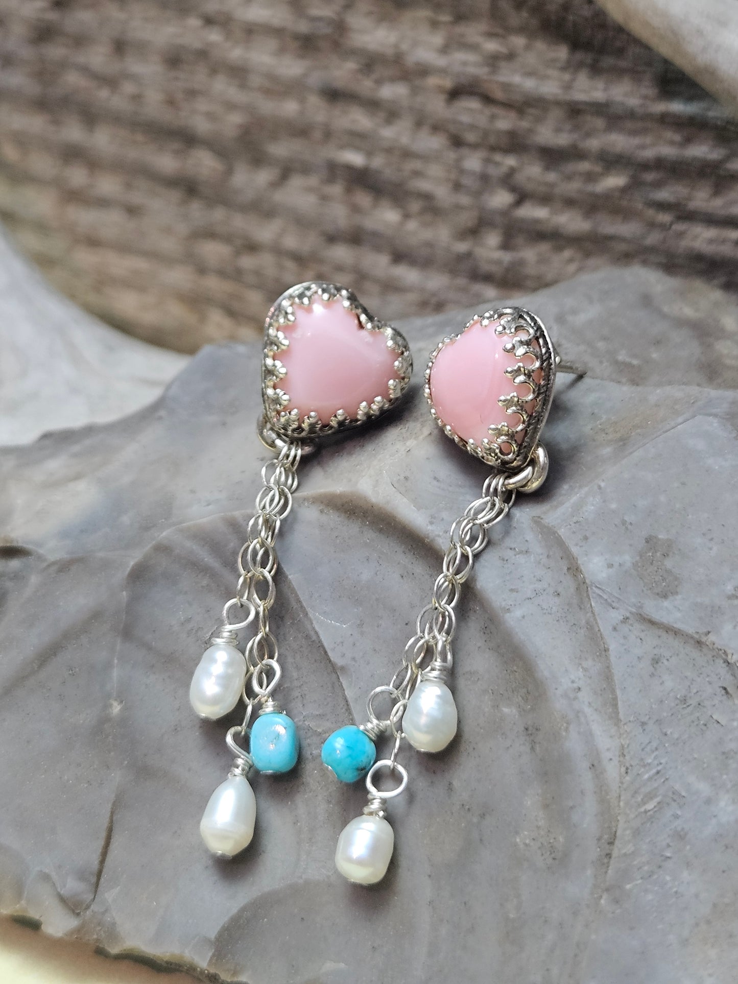 Pink Conch Heart Kingman Turquoise & Freshwater Pearl Earrings