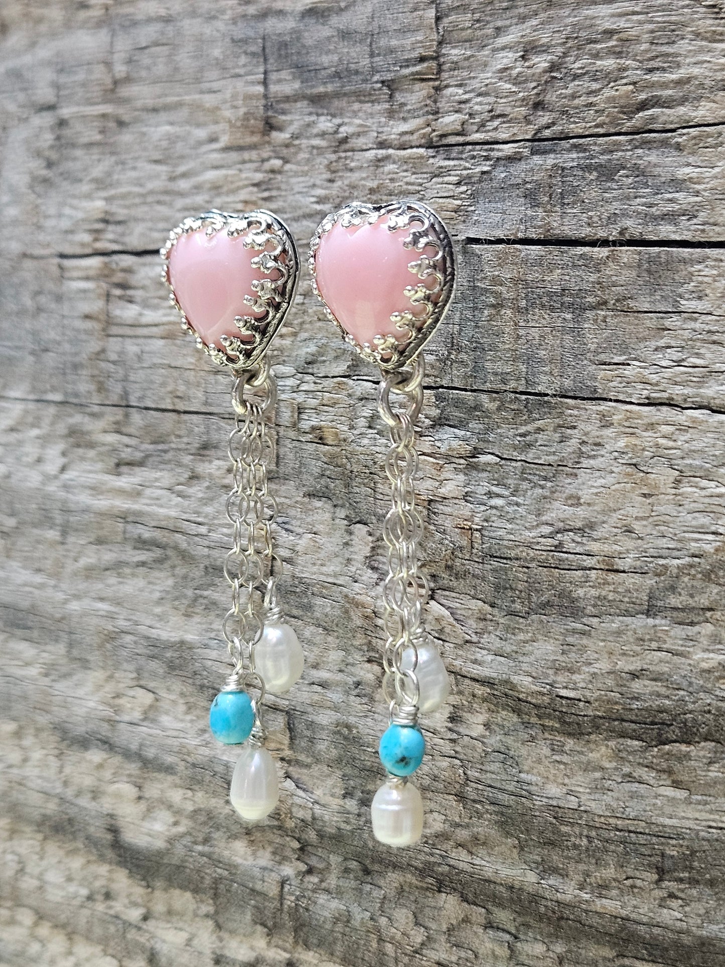 Pink Conch Heart Kingman Turquoise & Freshwater Pearl Earrings
