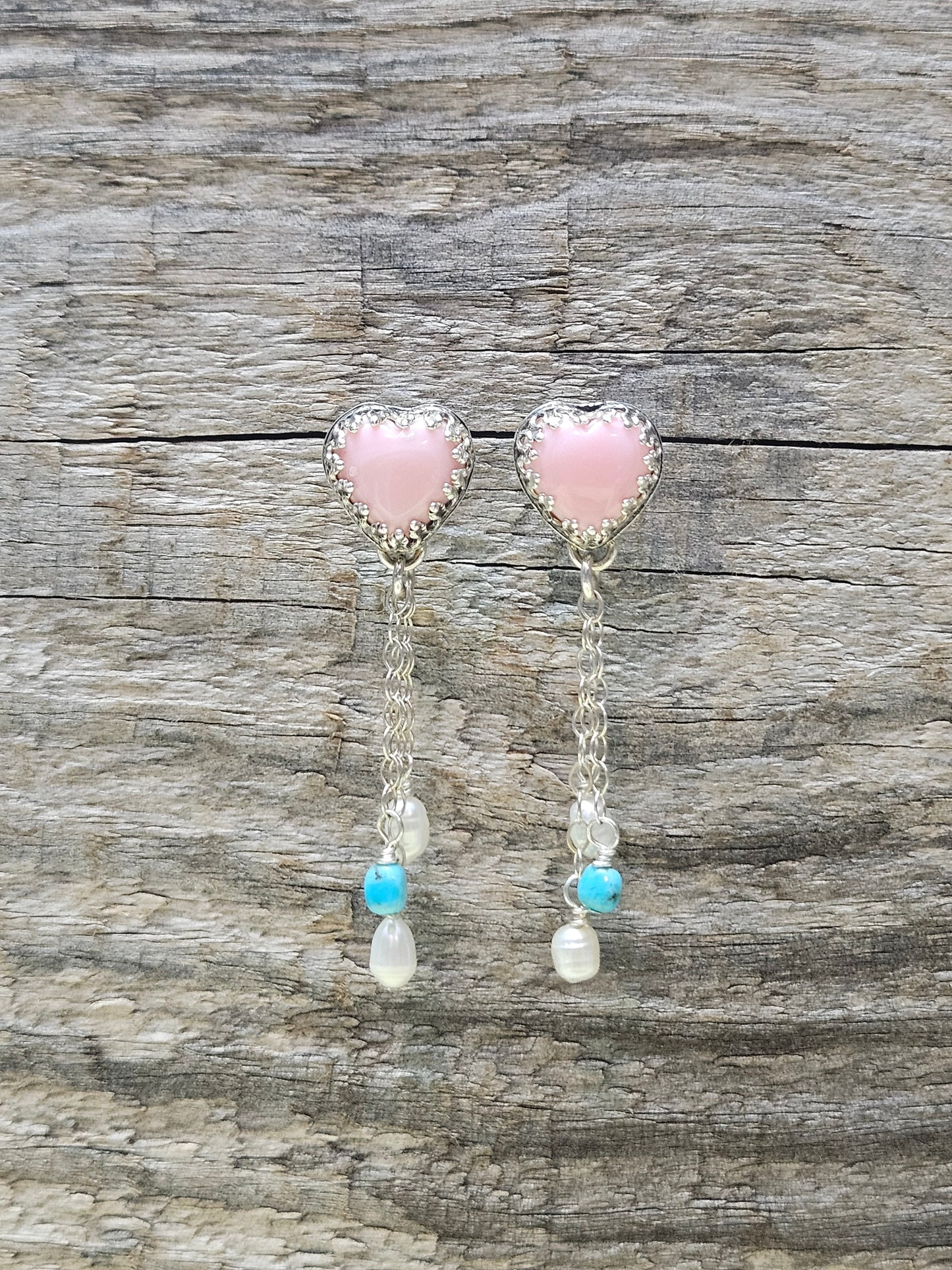 Pink Conch Heart Kingman Turquoise & Freshwater Pearl Earrings