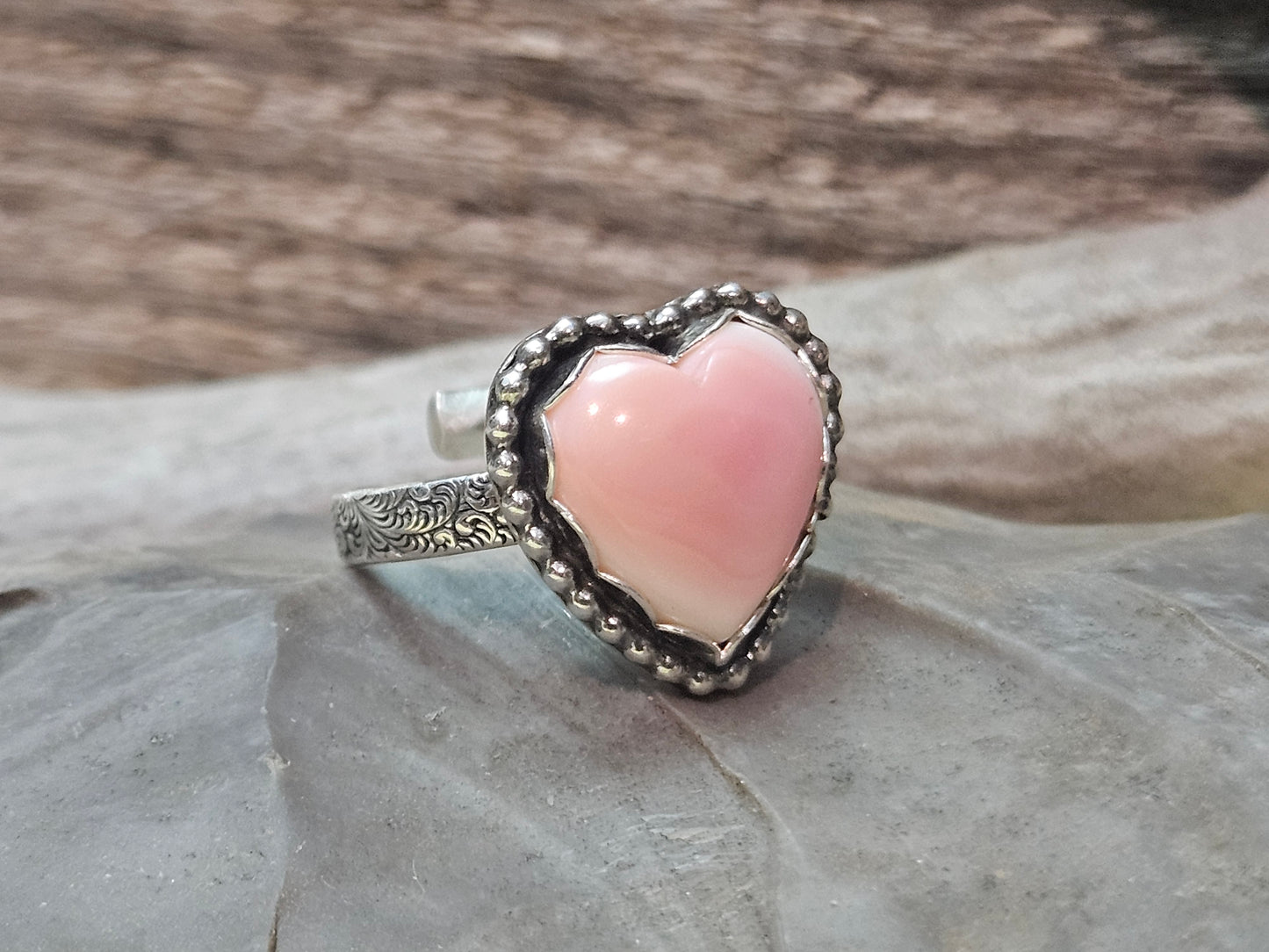 Pink Conch Heart Adjustable Ring