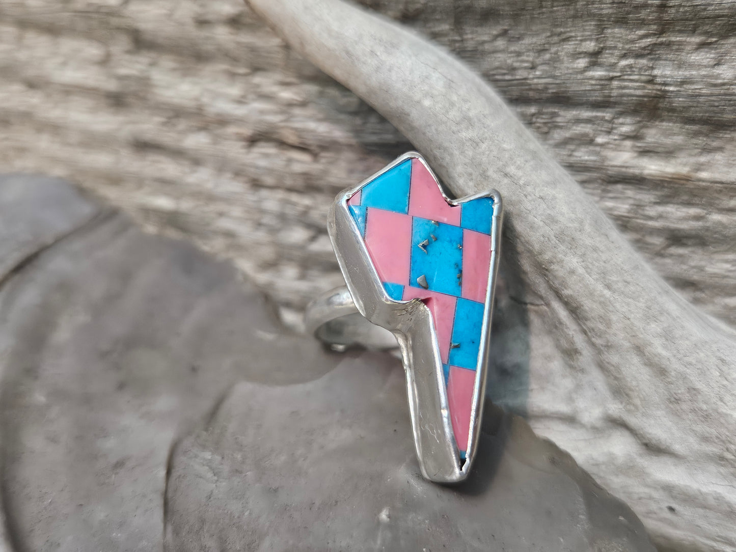 Native Made Stone Thunderbolt Turquoise & Billiard Ball Inlay Ring