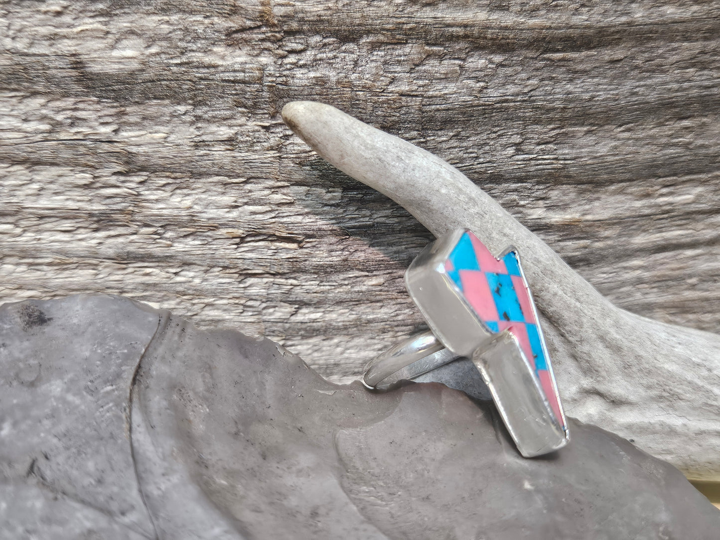 Native Made Stone Thunderbolt Turquoise & Billiard Ball Inlay Ring